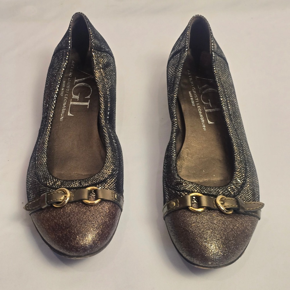 AGL Attilio Giusti Leombruni Metallic Gold Black Ballet Flats Cap Toe Size 39‎